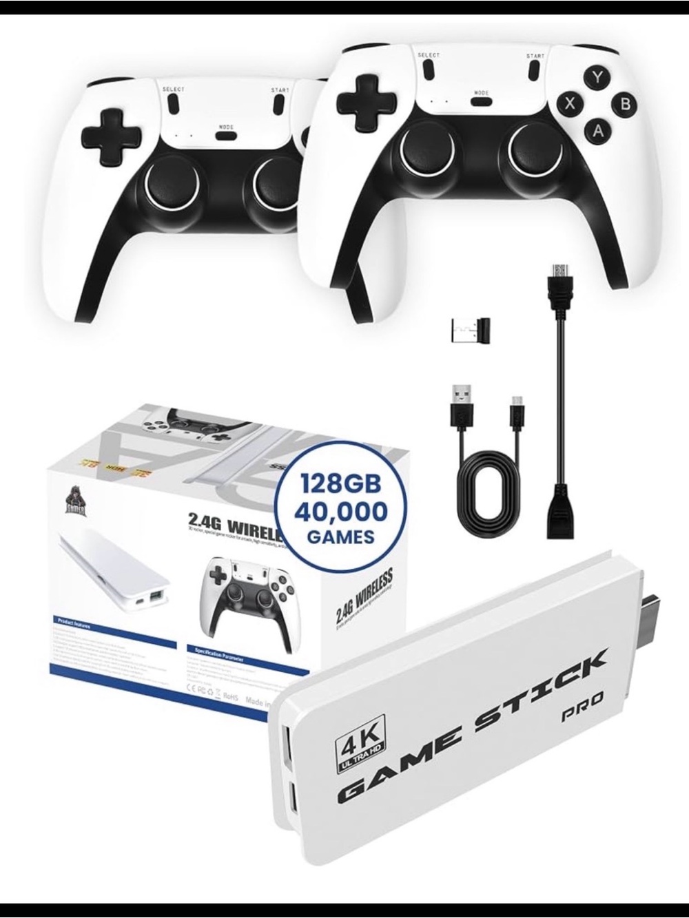 Game Stick Pro 4K Media Player with 2.4G Wireless White Controllers - 128GB